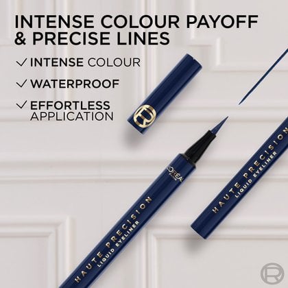 Two dark blue L'Oréal Paris Haute Precision Liquid Eyeliner pens are displayed, one with its cap off revealing the felt tip, alongside a small swatch of vibrant blue eyeliner. Text overlays highlight the product's benefits: "INTENSE COLOUR PAYOFF & PRECISE LINES," "INTENSE COLOUR," "WATERPROOF," and "EFFORTLESS APPLICATION