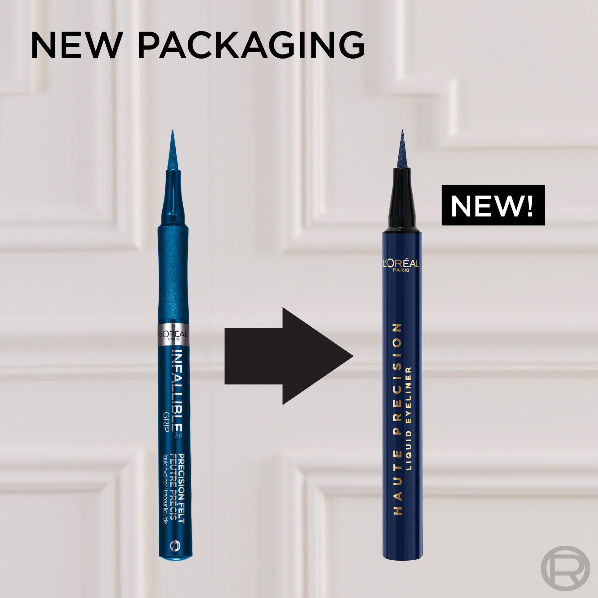 A side-by-side comparison image showing the packaging evolution of L'Oréal Paris eyeliners. On the left is the old packaging for "Infallible Grip Precision Felt Eyeliner" in blue. On the right, marked "NEW!", is the sleek, dark blue packaging for "Haute Precision Liquid Eyeliner." A large black arrow points from the old to the new packaging.