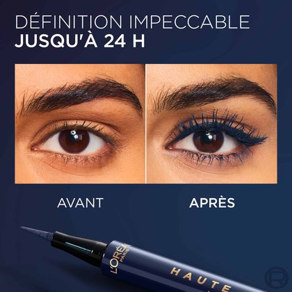 ne image avant et après montrant un œil. L'image "AVANT" présente un œil sans maquillage, tandis que l'image "APRÈS" montre le même œil avec un trait d'eye-liner bleu intense et du mascara. Un traceur liquide bleu est visible en bas de l'image. Le texte indique : "DÉFINITION IMPECCABLE JUSQU'À 24 H".