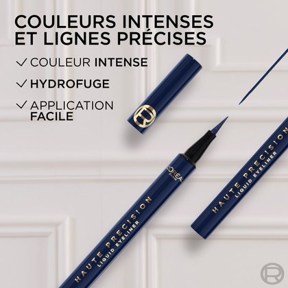 Deux traceurs liquides L'Oréal Paris Haute Précision de couleur brune, l'un avec le capuchon ouvert montrant la pointe. Un swatch d'eye-liner brun est visible. Le texte met en avant : 'COULEURS INTENSES ET LIGNES PRÉCISES', 'COULEUR INTENSE', 'HYDROFUGE', 'APPLICATION FACILE'