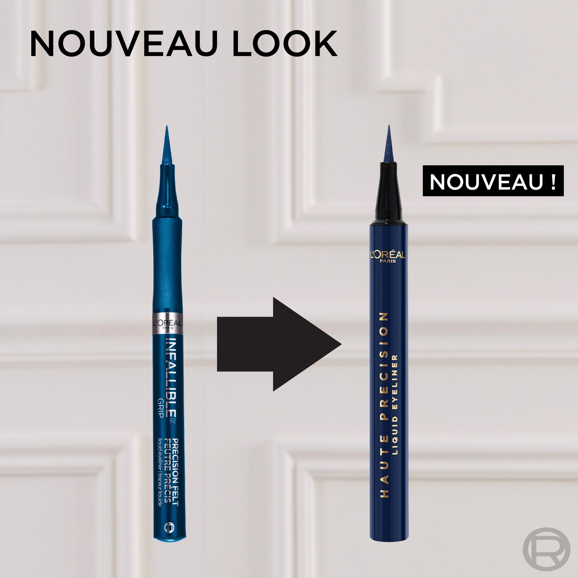 Une image de comparaison montrant l'évolution du packaging d'un eye-liner L'Oréal Paris. À gauche, l'ancien packaging bleu turquoise de l'eye-liner "Infallible Grip Precision Felt". À droite, le nouveau packaging bleu marine plus élégant de l'eye-liner "Haute Précision Liquid Eyeliner", avec la mention "NOUVEAU !". Une flèche noire indique le passage de l'ancien au nouveau design. Le titre de l'image est "NOUVEAU LOOK