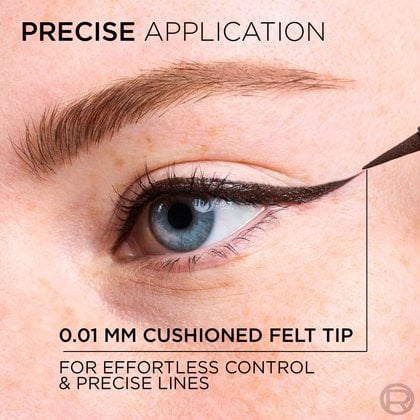 A close-up image showing a precise application of the brown L'Oréal Paris Haute Precision Liquid Eyeliner on an eye, creating a sharp line. Text indicates "PRECISE APPLICATION" and highlights the "0.01 MM CUSHIONED FELT TIP FOR EFFORTLESS CONTROL & PRECISE LINES."