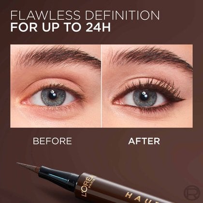 A model with brown winged eyeliner looks directly at the camera, holding the dark brown L'Oréal Paris Haute Precision Liquid Eyeliner. The L'Oréal Paris logo is in the top left corner, and the text "CHROMATIC LOOK WITH HAUTE PRECISION LIQUID EYELINER YOU'RE WORTH IT." is at the bottom.
