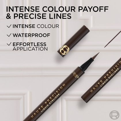 A side-by-side image illustrating the packaging update for L'Oréal Paris eyeliners. The left shows the old brown "Infallible Grip Precision Felt Eyeliner." The right, marked "NEW!", features the new, darker brown "Haute Precision Liquid Eyeliner." A black arrow points from the old to the new design. The title reads "NEW PACKAGING."