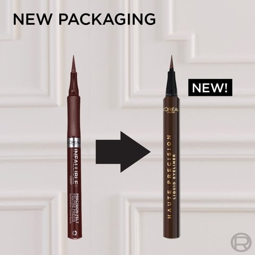 A model with brown eyeliner and a subtle makeup look, holding a brown L'Oréal Paris "Haute Precision Liquid Eyeliner" and a gold "Panorama Mascara." Text at the bottom states: "PAIR IT WITH PANORAMA MASCARA.