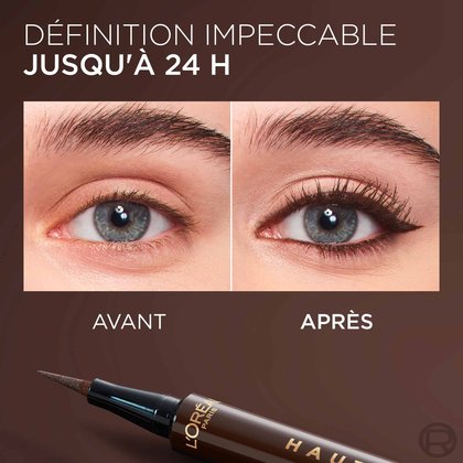 Image avant/après montrant un œil sans et avec un eye-liner liquide brun. L'eye-liner L'Oréal Paris Haute Précision est visible en bas. Le titre est 'DÉFINITION IMPECCABLE JUSQU'À 24 H