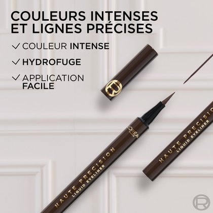 Deux traceurs liquides L'Oréal Paris Haute Précision de couleur brune, l'un avec le capuchon ouvert montrant la pointe. Un swatch d'eye-liner brun est visible. Le texte met en avant : 'COULEURS INTENSES ET LIGNES PRÉCISES', 'COULEUR INTENSE', 'HYDROFUGE', 'APPLICATION FACILE'