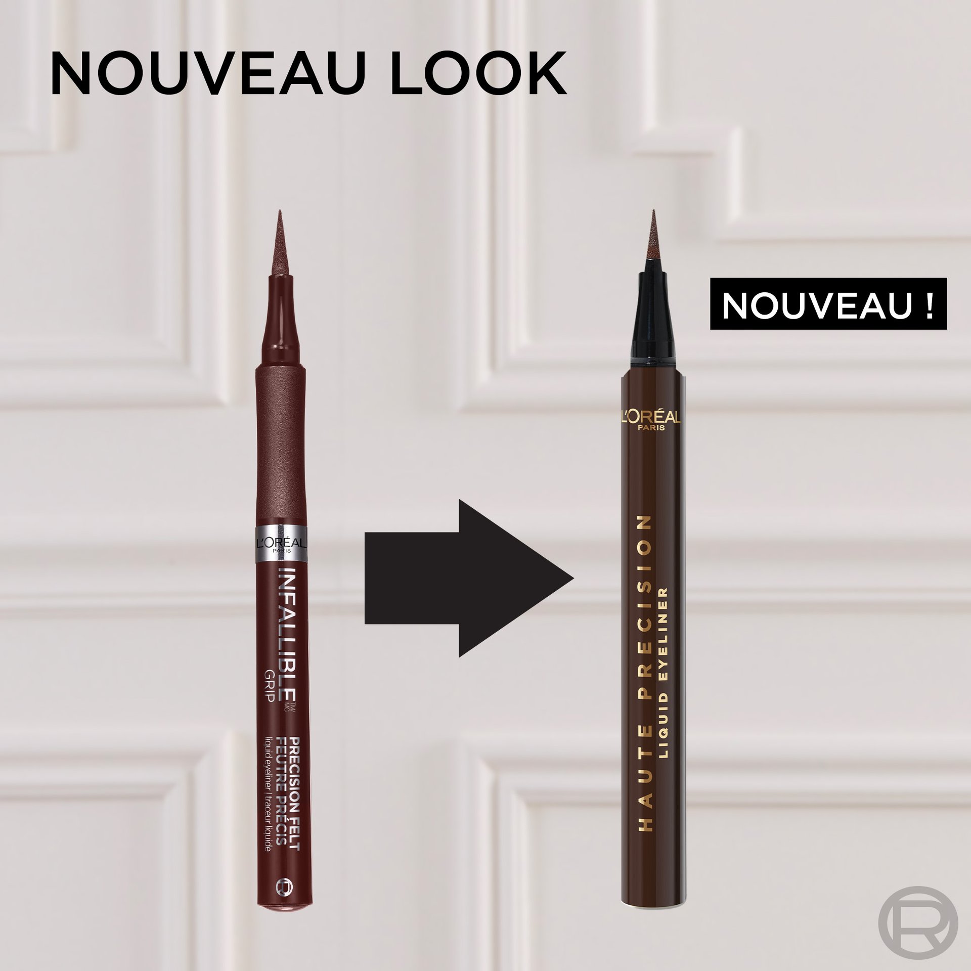 Comparaison de packaging de L'Oréal Paris Infallible Grip Precision Felt Eyeliner (ancien, brun) à gauche et du nouveau Haute Précision Liquid Eyeliner (nouveau, brun) à droite, avec flèche noire. Le titre indique 'NOUVEAU LOOK'.