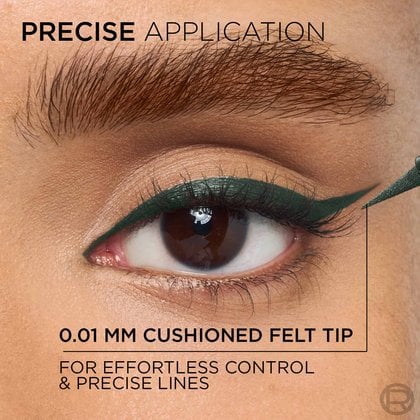 A close-up image showing a precise application of the green L'Oréal Paris Haute Precision Liquid Eyeliner on an eye, creating a sharp winged liner. Text indicates "PRECISE APPLICATION" and highlights the "0.01 MM CUSHIONED FELT TIP FOR EFFORTLESS CONTROL & PRECISE LINES."