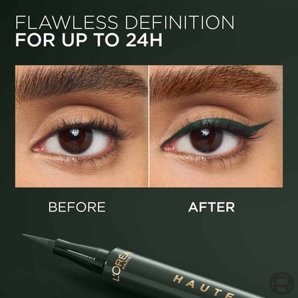 A "BEFORE" and "AFTER" comparison image of an eye. The "BEFORE" image shows a bare eye with brown irises, while the "AFTER" image shows the same eye dramatically enhanced with green L'Oréal Paris Haute Precision Liquid Eyeliner. A dark green eyeliner pen is visible in the foreground. Text claims "FLAWLESS DEFINITION FOR UP TO 24H.