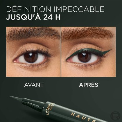 Image avant/après montrant un œil sans et avec un eye-liner liquide vert précis. Le L'Oréal Paris Haute Précision Liquid Eyeliner vert est visible en bas. Le titre est 'DÉFINITION IMPÉCCABLE JUSQU'À 24 H
