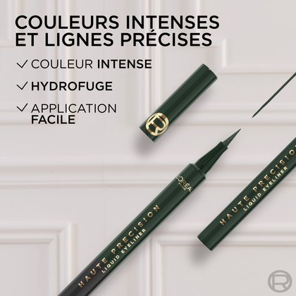 Deux traceurs liquides noirs L'Oréal Paris Haute Précision, un ouvert et un fermé, avec un swatch d'eye-liner noir. Le texte met en avant : 'COULEURS INTENSES ET LIGNES PRÉCISES', 'COULEUR INTENSE', 'HYDROFUGE', 'APPLICATION FACILE
