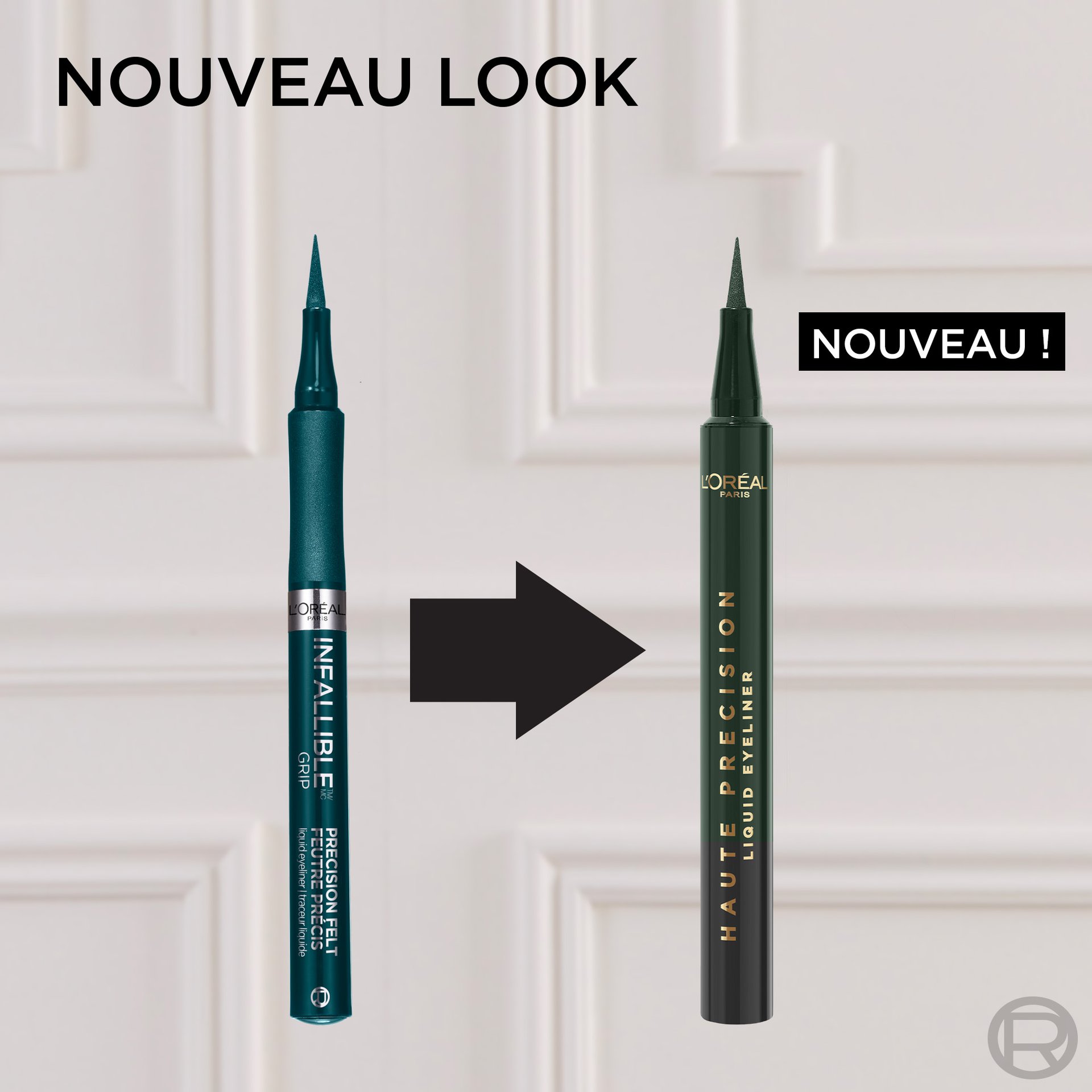 Comparaison de packaging de L'Oréal Paris Infallible Grip Precision Felt Eyeliner (ancien, vert sarcelle) à gauche et du nouveau Haute Précision Liquid Eyeliner (nouveau, vert foncé) à droite, avec flèche noire. Le titre indique 'NOUVEAU LOOK