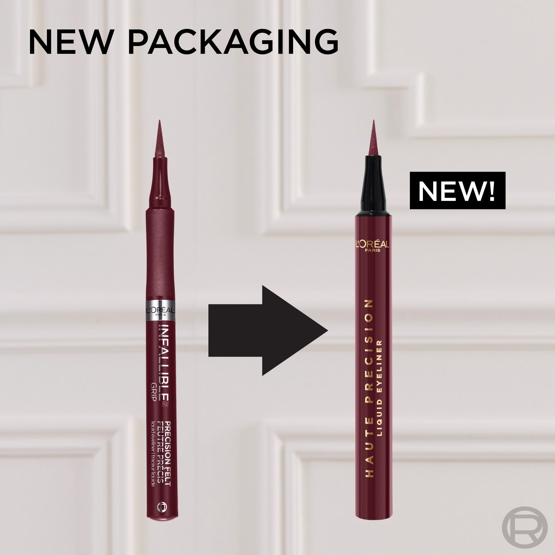 A side-by-side image showing the evolution of L'Oréal Paris eyeliner packaging. On the left is the old burgundy "Infallible Grip Precision Felt Eyeliner." On the right, marked "NEW!", is the updated, dark burgundy "Haute Precision Liquid Eyeliner." A black arrow points from the old to the new design. The title reads "NEW PACKAGING