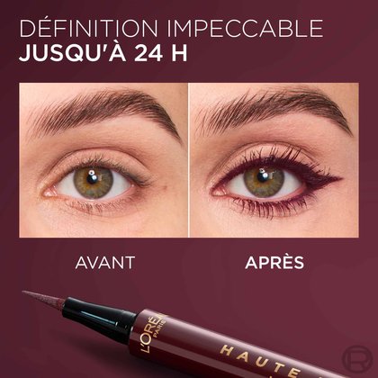 Image avant/après montrant un œil sans et avec un eye-liner liquide bordeaux. L'eye-liner L'Oréal Paris Haute Précision est visible en bas. Le titre est 'DÉFINITION IMPECCABLE JUSQU'À 24 H'.