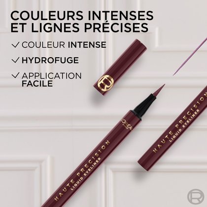 Deux traceurs liquides L'Oréal Paris Haute Précision de couleur bordeaux, l'un avec le capuchon ouvert montrant la pointe. Un swatch d'eye-liner bordeaux est visible. Le texte met en avant : 'COULEURS INTENSES ET LIGNES PRÉCISES', 'COULEUR INTENSE', 'HYDROFUGE', 'APPLICATION FACILE