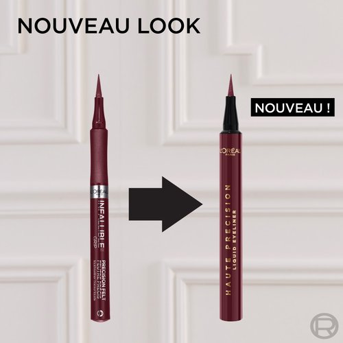 Comparaison de packaging de L'Oréal Paris Infallible Grip Precision Felt Eyeliner (ancien, bordeaux foncé) à gauche et du nouveau Haute Précision Liquid Eyeliner (nouveau, bordeaux) à droite, avec flèche noire. Le titre indique 'NOUVEAU LOOK