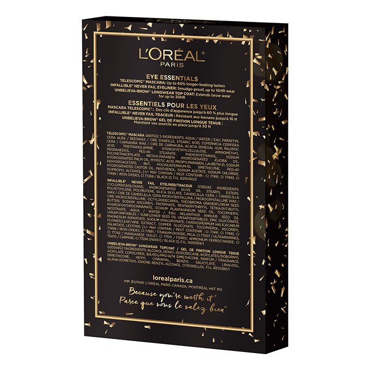L'Oréal Paris Eye Essentials Makeup Holiday Gift Set Front Back Image of Packaging