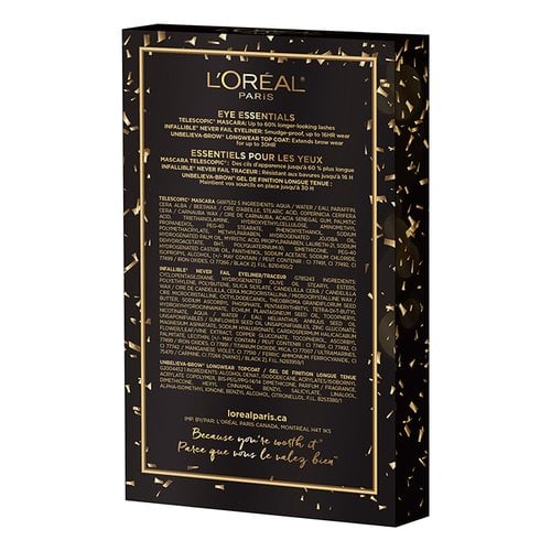 L'Oréal Paris Eye Essentials Makeup Holiday Gift Set Front Back Image of Packaging