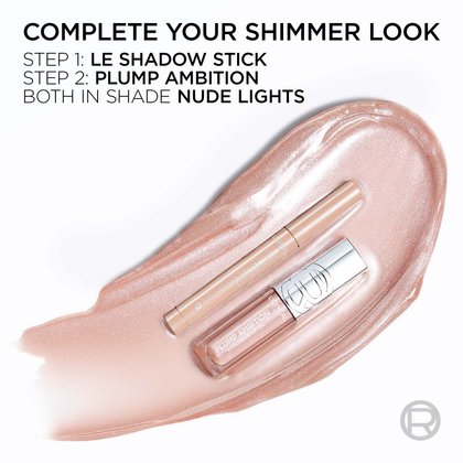 Promotional graphic titled "Complete Your Shimmer Look," pairing Le Shadow Stick and Plump Ambition lip oil.