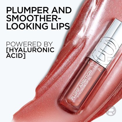 Promotional visual showing a bold gloss swipe with text: "Plumper and Smoother-Looking Lips powered by Hyaluronic Acid."
