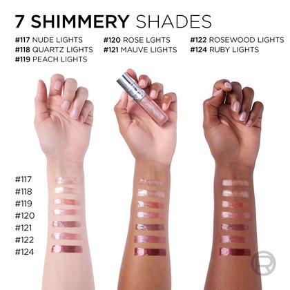 A shade range graphic showing swatches of the 7 shimmery shades in the collection on three arms of different skin tones.