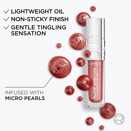 Close-up of the product surrounded by oil bubbles and pigments, listing benefits: lightweight oil, non-sticky finish, and gentle tingling sensation.