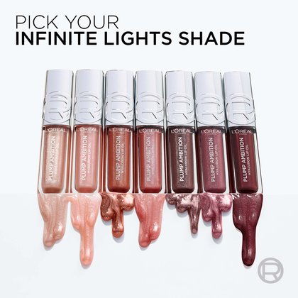 Aligned presentation of multiple lip oil bottles with dripping product, inviting the user to "Pick Your Infinite Lights Shade."