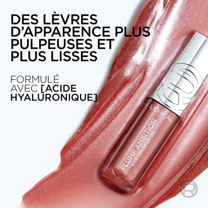 Visuel promotionnel montrant un échantillon généreux de brillant avec le texte : « Des lèvres d'apparence plus pulpeuse et plus lisse grâce à l'acide hyaluronique ».