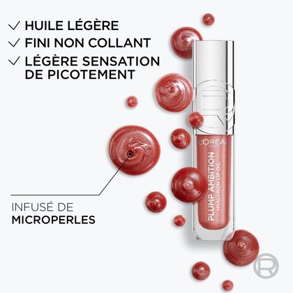 Gros plan du produit entouré de bulles d'huile et de pigments, énumérant les bienfaits : huile légère, fini non collant.
