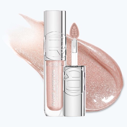 Photo de produit professionnelle de l'huile à lèvres Plump Ambition dans la teinte « 117 Nude Lights », présentée à la verticale.