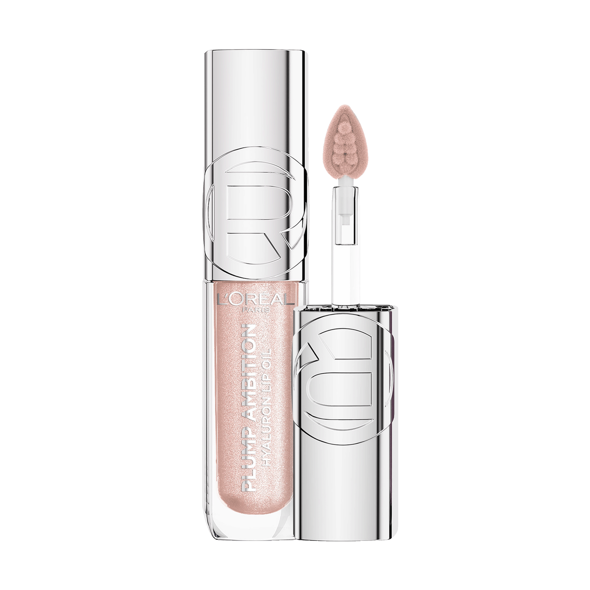 Photo de produit professionnelle de l'huile à lèvres Plump Ambition dans la teinte « 117 Nude Lights », présentée à la verticale.