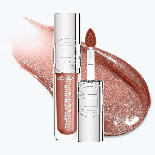 Photo de produit professionnelle de l'huile à lèvres Plump Ambition dans la teinte « 119 Peach Lights », présentée à la verticale.