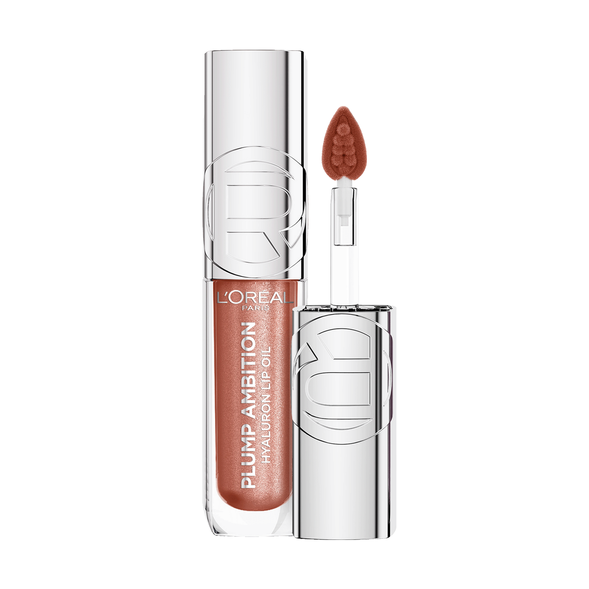 Photo de produit professionnelle de l'huile à lèvres Plump Ambition dans la teinte « 119 Peach Lights », présentée à la verticale.
