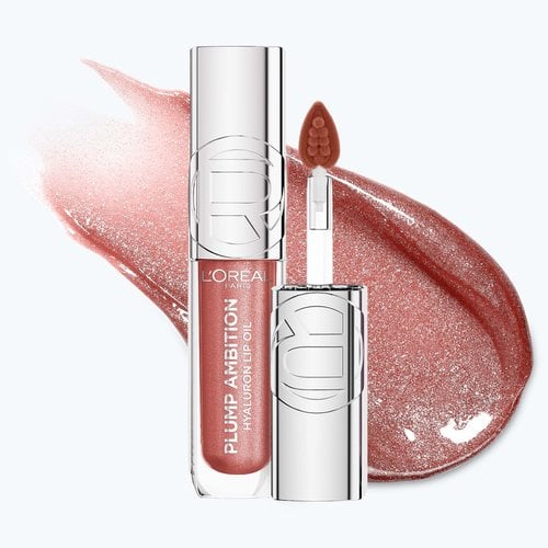 A professional product packshot of the Plump Ambition Lip Oil in shade "120 rose lights" shown upright.