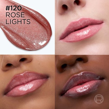 Montage avant-après montrant l'application de la teinte « 120 Rose Lights » sur trois formes de lèvres et carnations différentes.