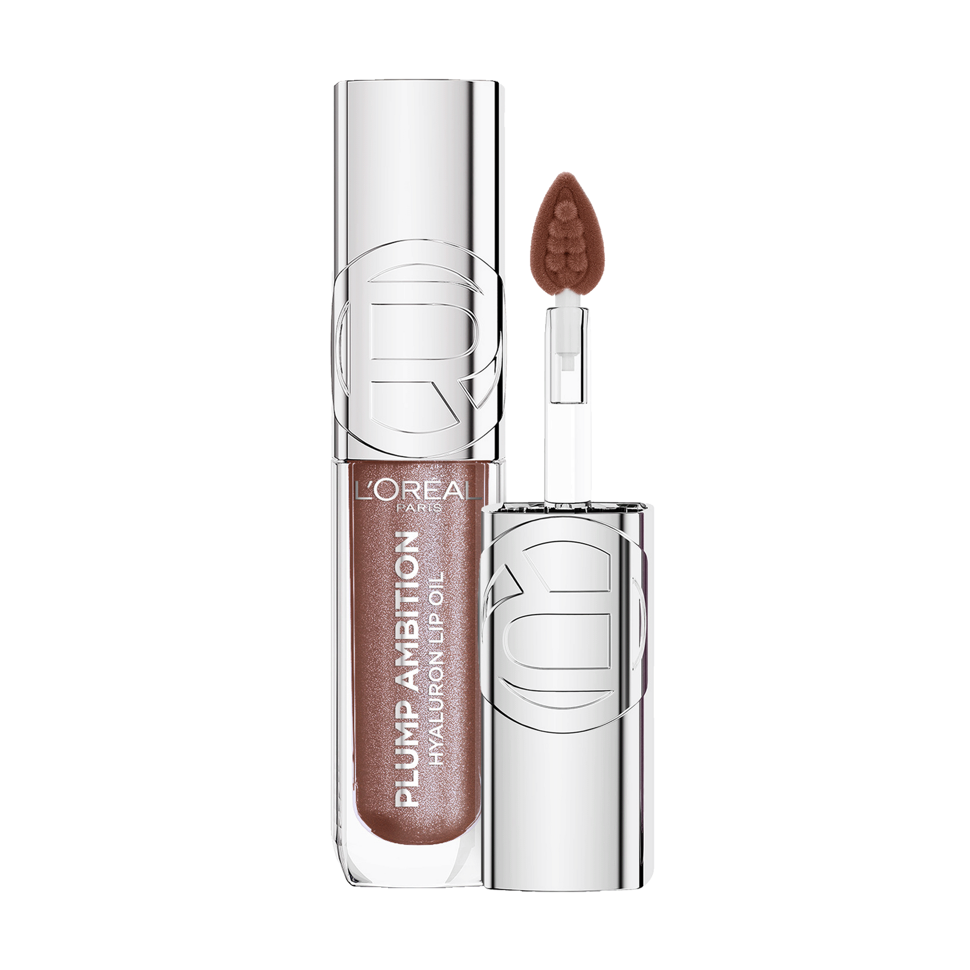 Photo de produit professionnelle de l'huile à lèvres Plump Ambition Hyaluron de L'Oréal Paris dans une teinte mauve-brun chatoyante, présentée à la verticale avec son capuchon argenté et son applicateur coussin moelleux mettant en valeur les pigments scintillants.