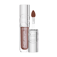 Photo de produit professionnelle de l'huile à lèvres Plump Ambition Hyaluron de L'Oréal Paris dans une teinte mauve-brun chatoyante, présentée à la verticale avec son capuchon argenté et son applicateur coussin moelleux mettant en valeur les pigments scintillants.