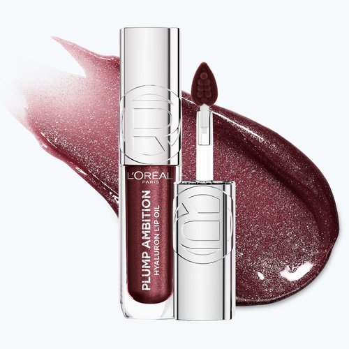 Photo de produit professionnelle de l'huile à lèvres Plump Ambition dans la teinte « 124 Ruby Lights », présentée à la verticale.