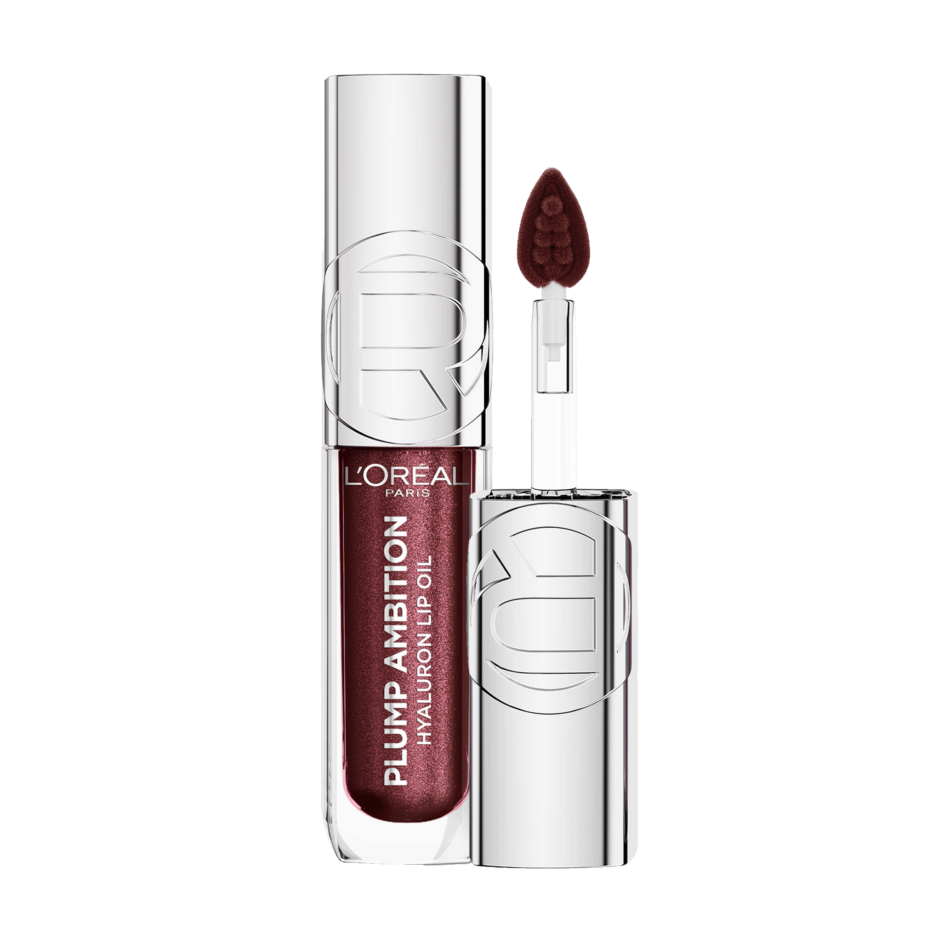 Photo de produit professionnelle de l'huile à lèvres Plump Ambition dans la teinte « 124 Ruby Lights », présentée à la verticale.