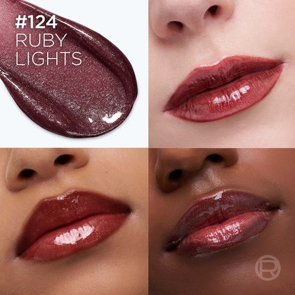 Montage avant-après montrant l'application de la teinte « 124 Ruby Lights » sur trois formes de lèvres et carnations différentes.