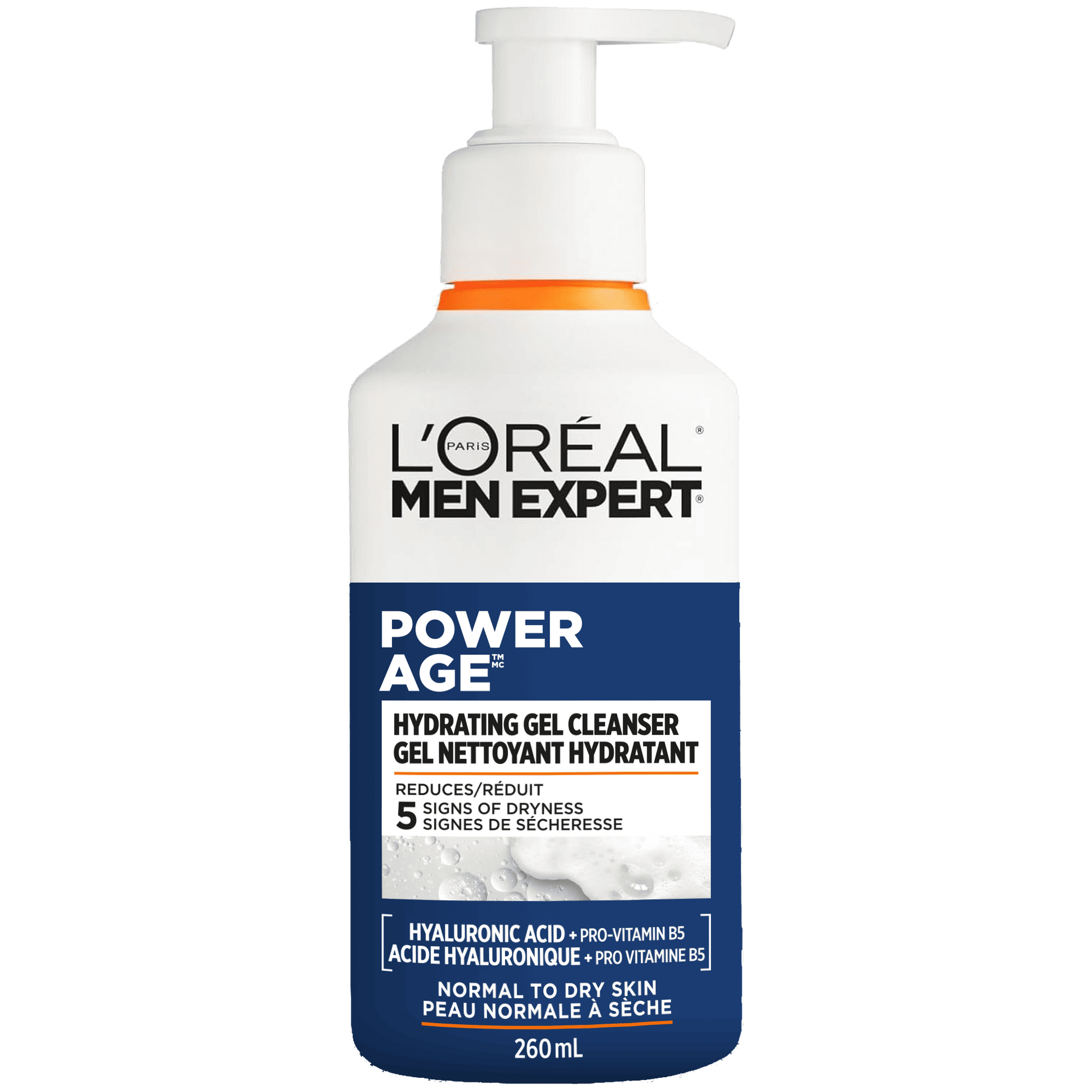 A front-facing studio shot of the L'Oréal Paris Men Expert Power Age Hydrating Gel Cleanser bottle (260ml). The white bottle features a blue and orange label, a pump dispenser, and sits against a background of white soapy foam. Text highlights "Hyaluronic Acid + Pro-Vitamin B5" and "Normal to Dry Skin."