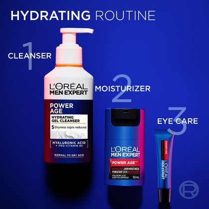 A close-up of the pump and neck of the Power Age bottle against foam. Text highlights include "PLEASANT ON SKIN WITH A GENTLE FOAM," "FORMULATED FOR MEN SKIN," "SOAP FREE FORMULA," and "SUITABLE FOR SENSITIVE SKIN."