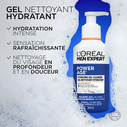 Le flacon du Nettoyant Power Age est représenté partiellement immergé dans une épaisse mousse blanche. Trois points à gauche indiquent : « HYDRATATION INTENSE », « SENSATION DE FRAÎCHEUR » et « NETTOYAGE DU VISAGE PROFOND MAIS DOUX ».