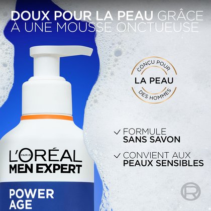 Un graphique montrant une « ROUTINE HYDRATANTE » en 3 étapes. L'étape 1 est le nettoyant, l'étape 2 est le soin hydratant revitalisant 24h Power Age, et l'étape 3 est le tube de soin contour des yeux Power Age. Les produits sont disposés sur une surface bleue texturée.