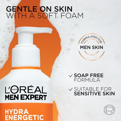 A close-up of the pump and neck of the Hydra Energetic bottle against foam. Text highlights include "GENTLE ON SKIN WITH A SOFT FOAM," "FORMULATED FOR MEN SKIN," "SOAP FREE FORMULA," and "SUITABLE FOR SENSITIVE SKIN."