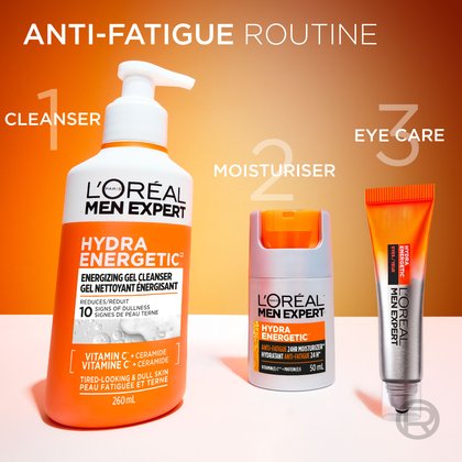 A graphic showing a 3-step "ANTI-FATIGUE ROUTINE." Step 1 is the Hydra Energetic Cleanser, Step 2 is the Hydra Energetic Anti-Fatigue 24H Moisturizer, and Step 3 is the Hydra Energetic Eye Care roll-on tube.