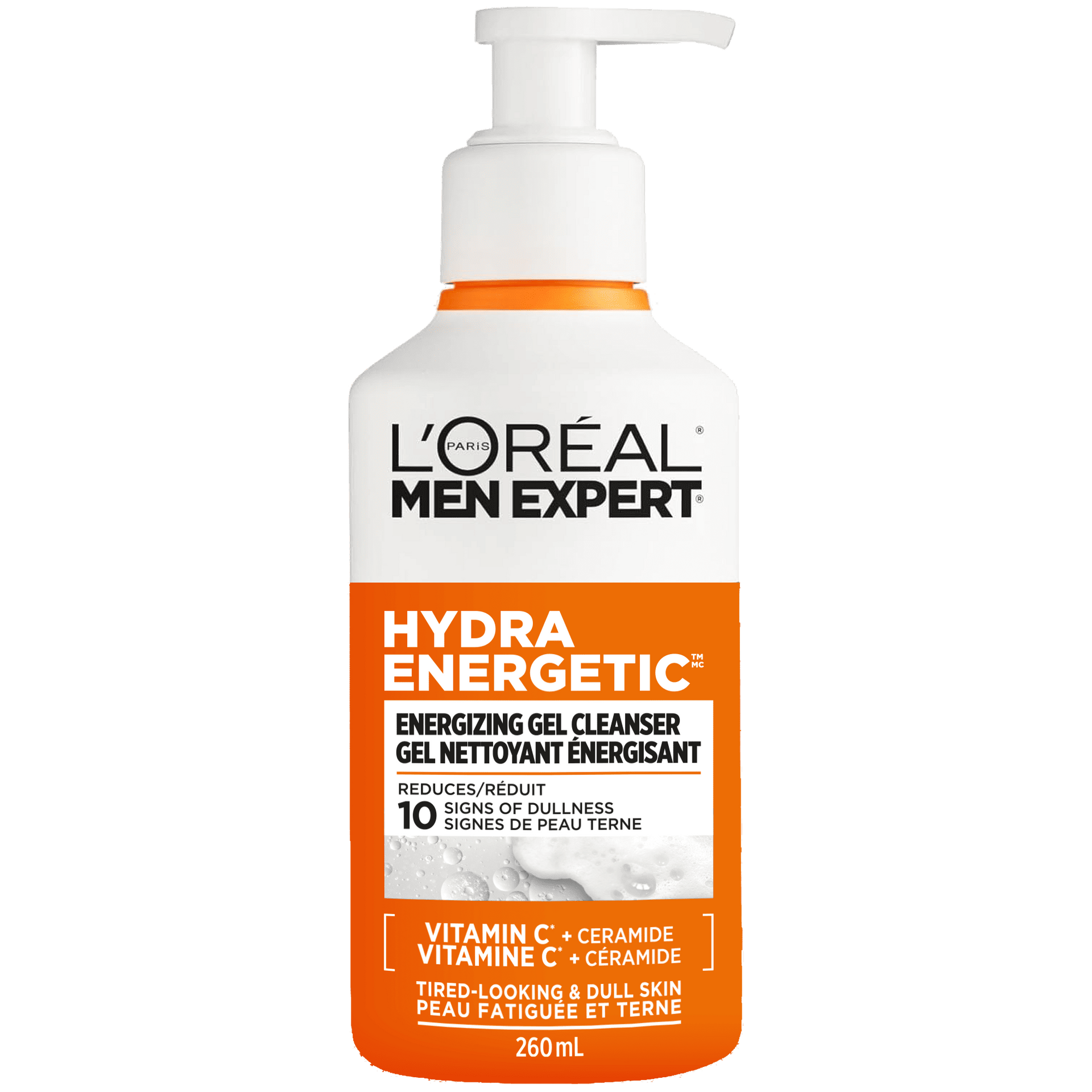 Une photo en studio du flacon de Gel Nettoyant Énergisant Hydra Energetic de L'Oréal Paris Men Expert (260 ml). Le flacon blanc possède une étiquette orange vive et un flacon-pompe. Il est centré sur un fond de mousse savonneuse blanche. Le texte souligne « Vitamine C + Céramide » et « Peau fatiguée et terne ».