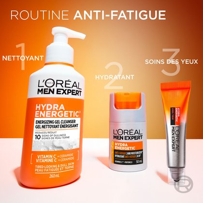 Un graphique montrant une « ROUTINE ANTI-FATIGUE » en 3 étapes. L'étape 1 est le nettoyant Hydra Energetic, l'étape 2 est le soin hydratant anti-fatigue 24h Hydra Energetic, et l'étape 3 est le tube roll-on de soin contour des yeux Hydra Energetic.