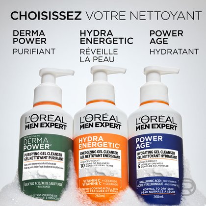 Trois nettoyants L'Oréal Men Expert disposés côte à côte dans de la mousse blanche : Derma Power (vert, purifiant), Hydra Energetic (orange, réveille la peau) et Power Age (bleu, hydratant). Le texte ci-dessus indique : « CHOISISSEZ VOTRE NETTOYANT ».